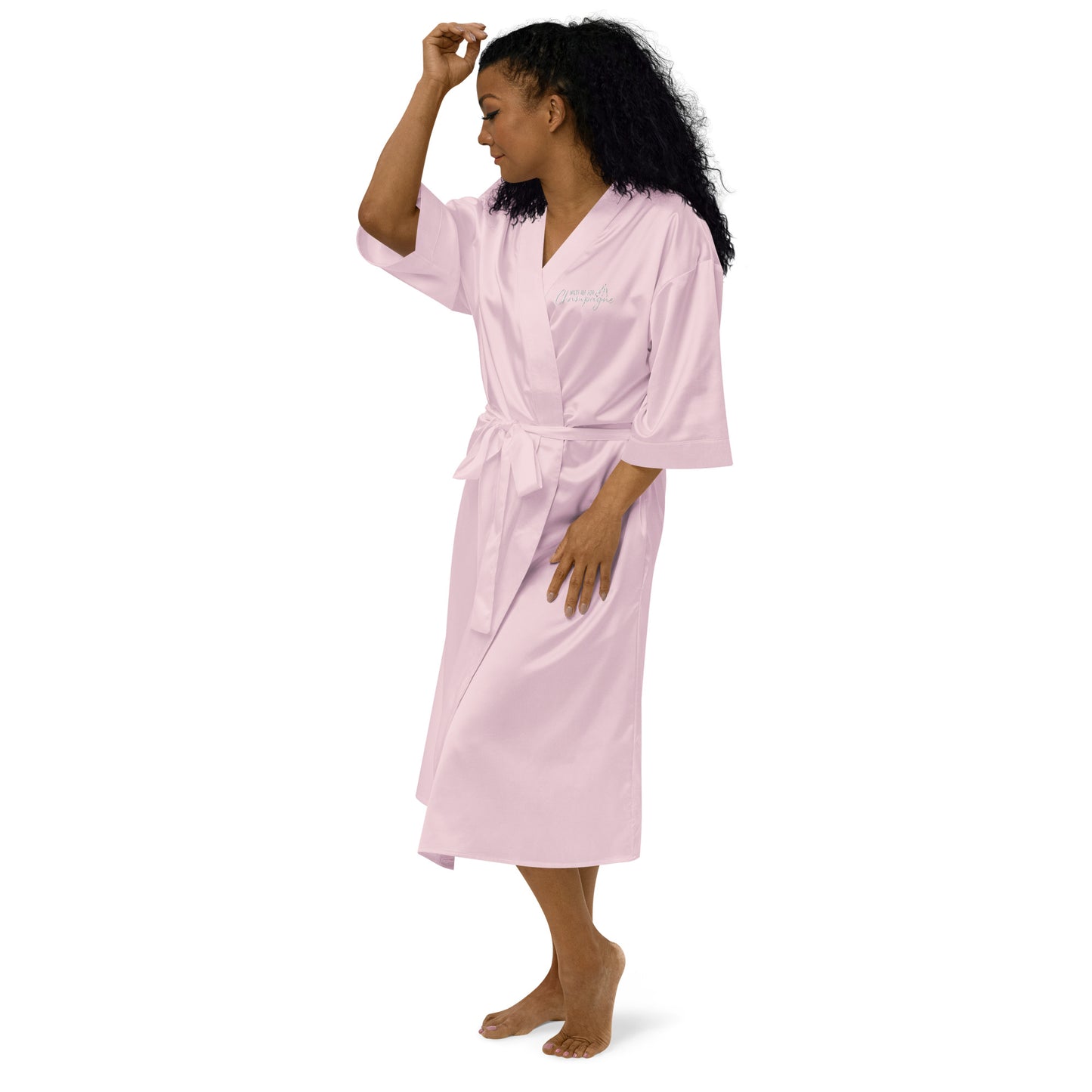 Satin Robe "WAKE ME FOR CHAMPAGNE" Embroidered in Classic White on Light Pink