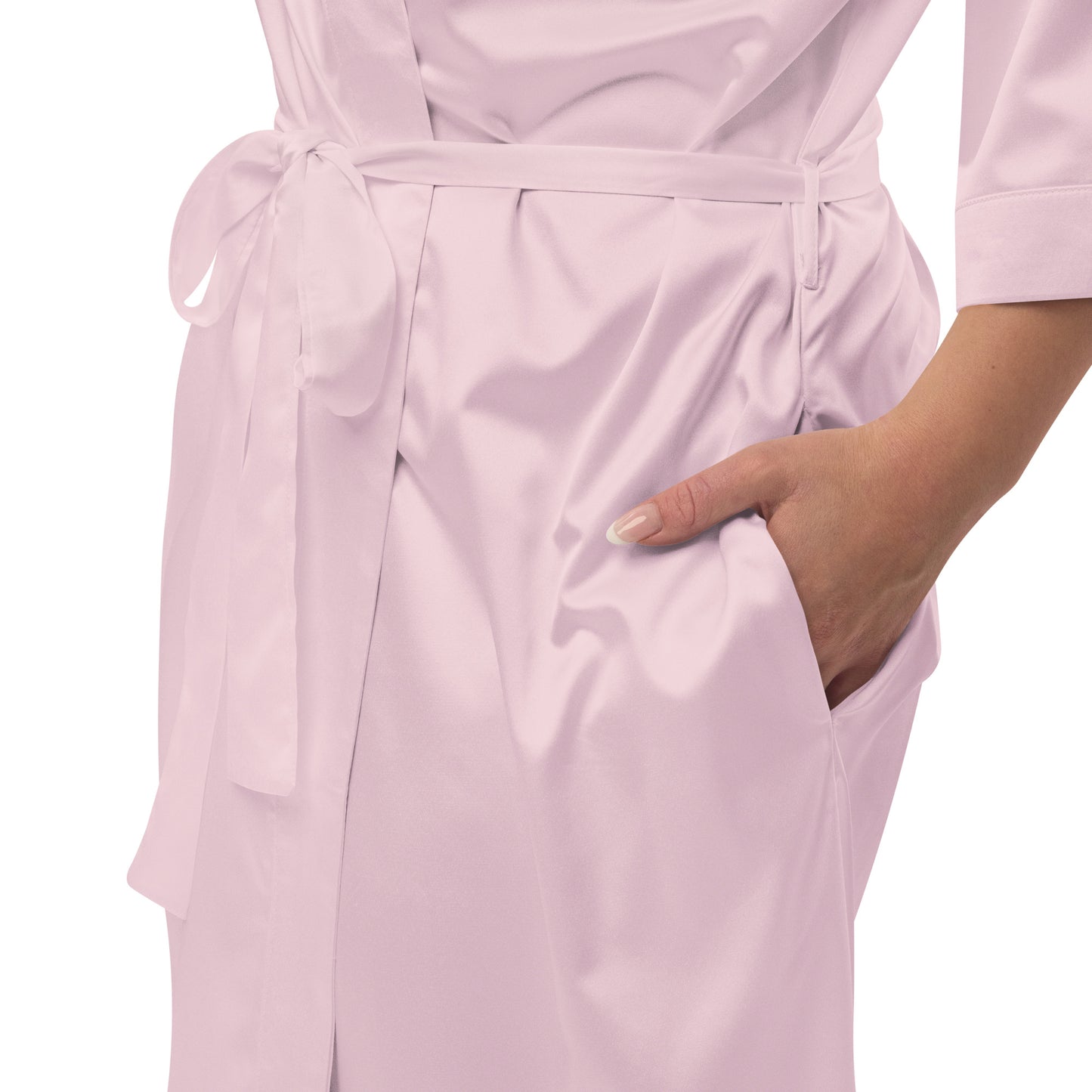 Satin Robe "WAKE ME FOR CHAMPAGNE" Embroidered in Classic White on Light Pink