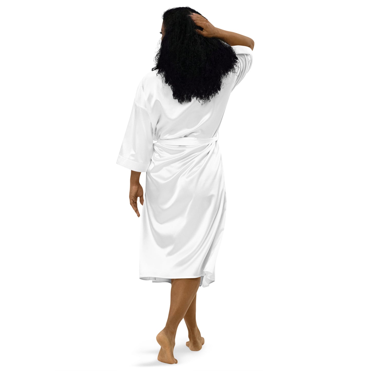 Satin Robe "WAKE ME FOR CHAMPAGNE" Embroidered in Storm Grey on Classic White
