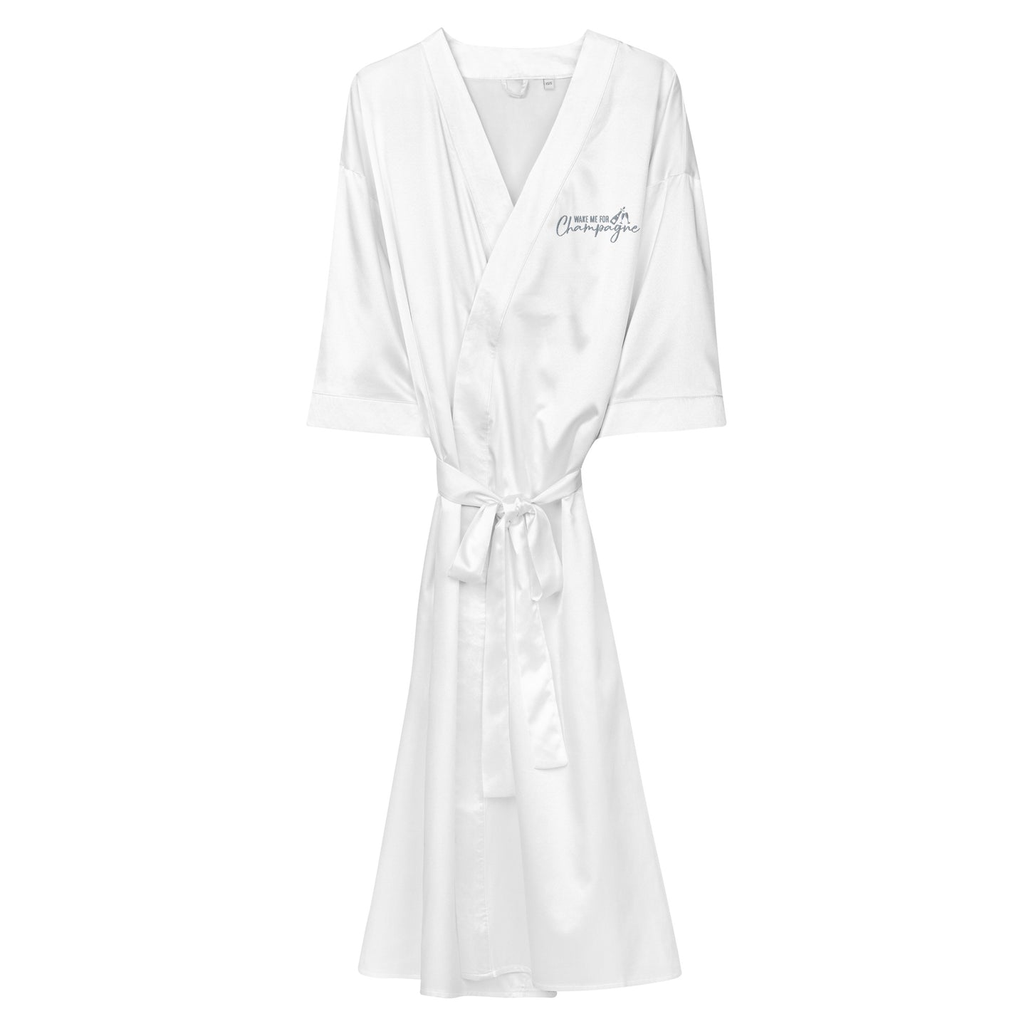 Satin Robe "WAKE ME FOR CHAMPAGNE" Embroidered in Storm Grey on Classic White