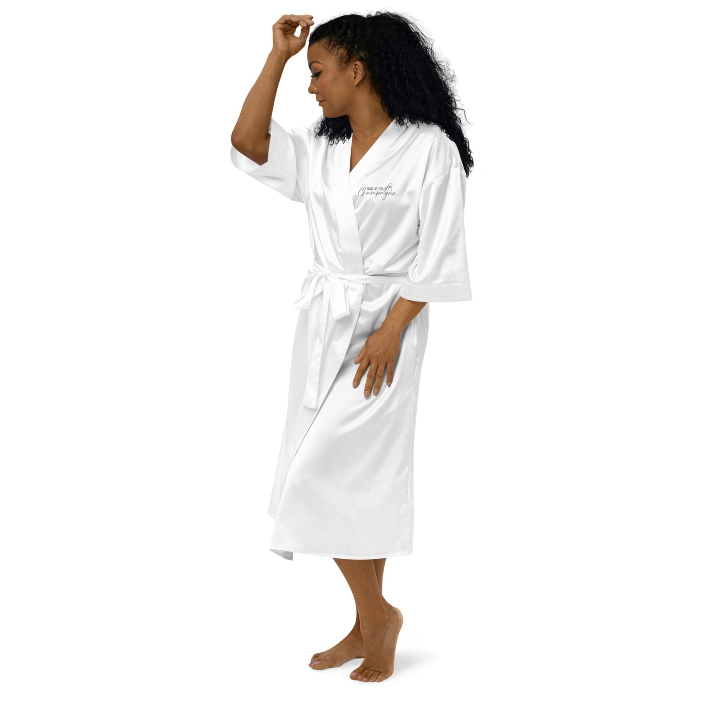 Satin Robe "WAKE ME FOR CHAMPAGNE" Embroidered in Storm Grey on Classic White