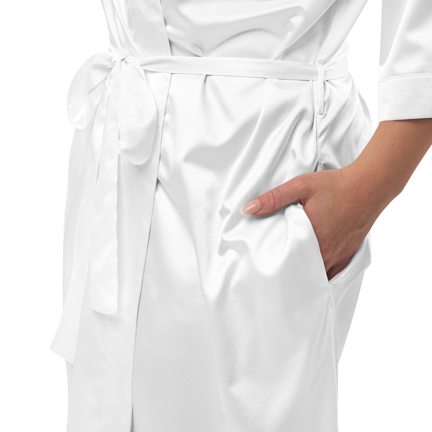Satin Robe "WAKE ME FOR CHAMPAGNE" Embroidered in Storm Grey on Classic White