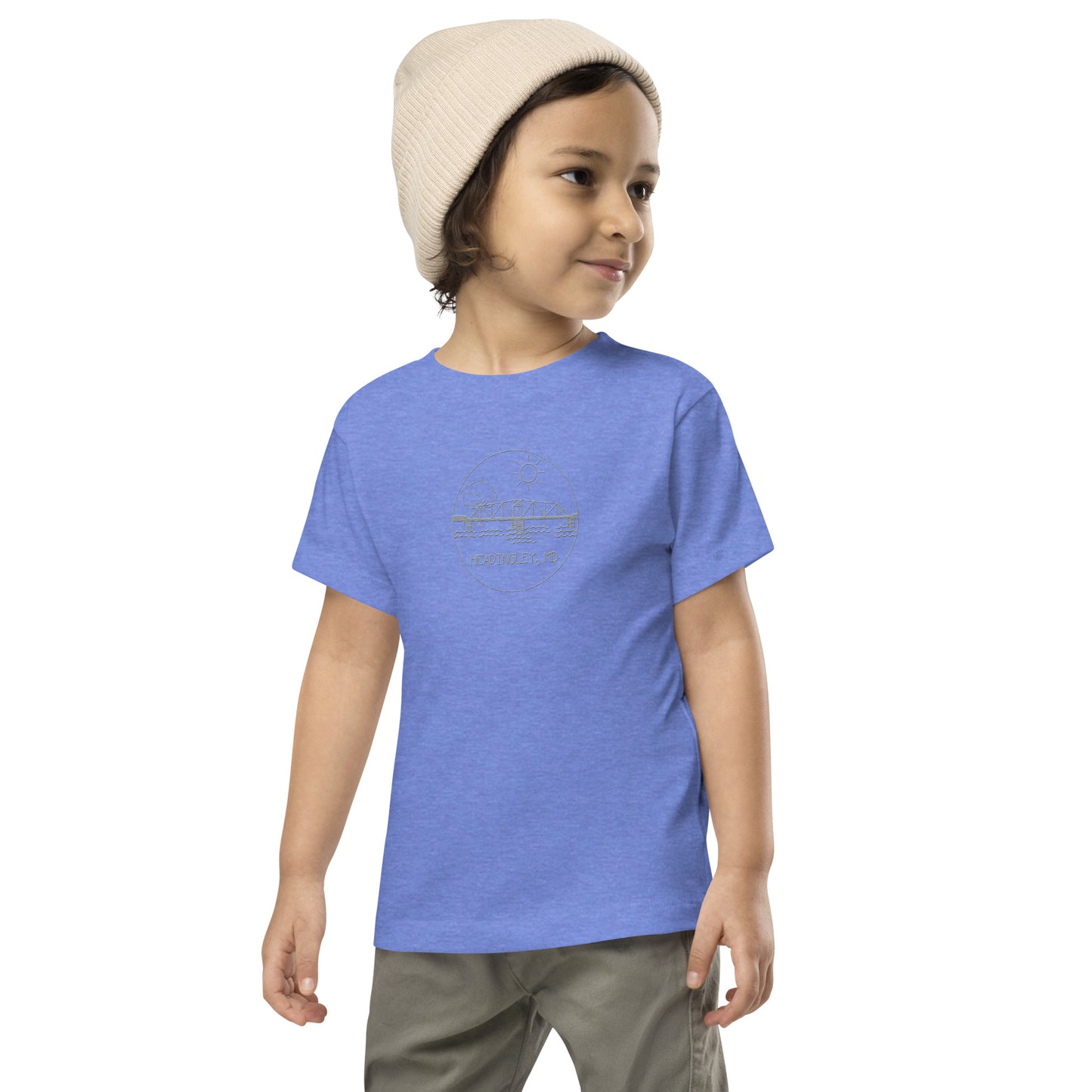 Children's T-Shirt "HEADINGLEY, MB" Embroidered in Storm Grey on Classic White, Blue or Pink