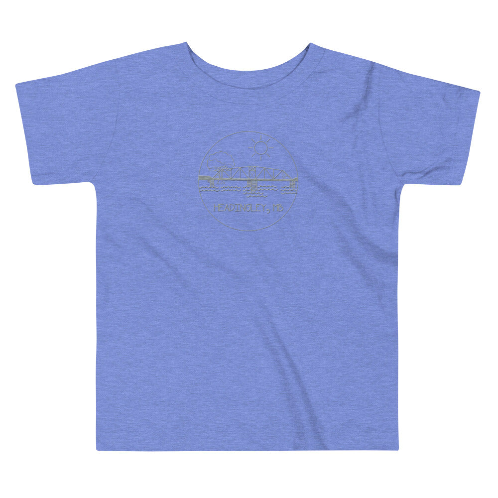 Children's T-Shirt "HEADINGLEY, MB" Embroidered in Storm Grey on Classic White, Blue or Pink