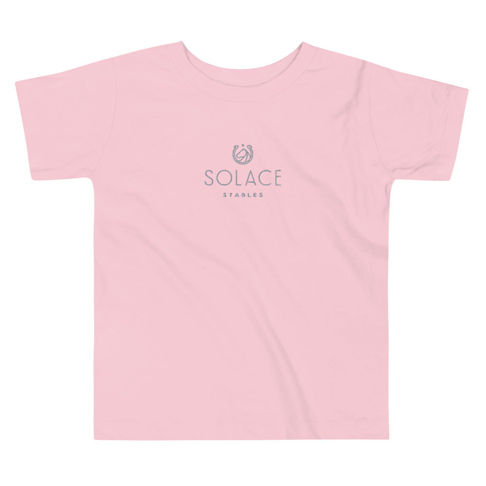 Children's T-Shirt "SOLACE STABLES" Embroidered in Storm Grey on Classic White, Blue or Pink