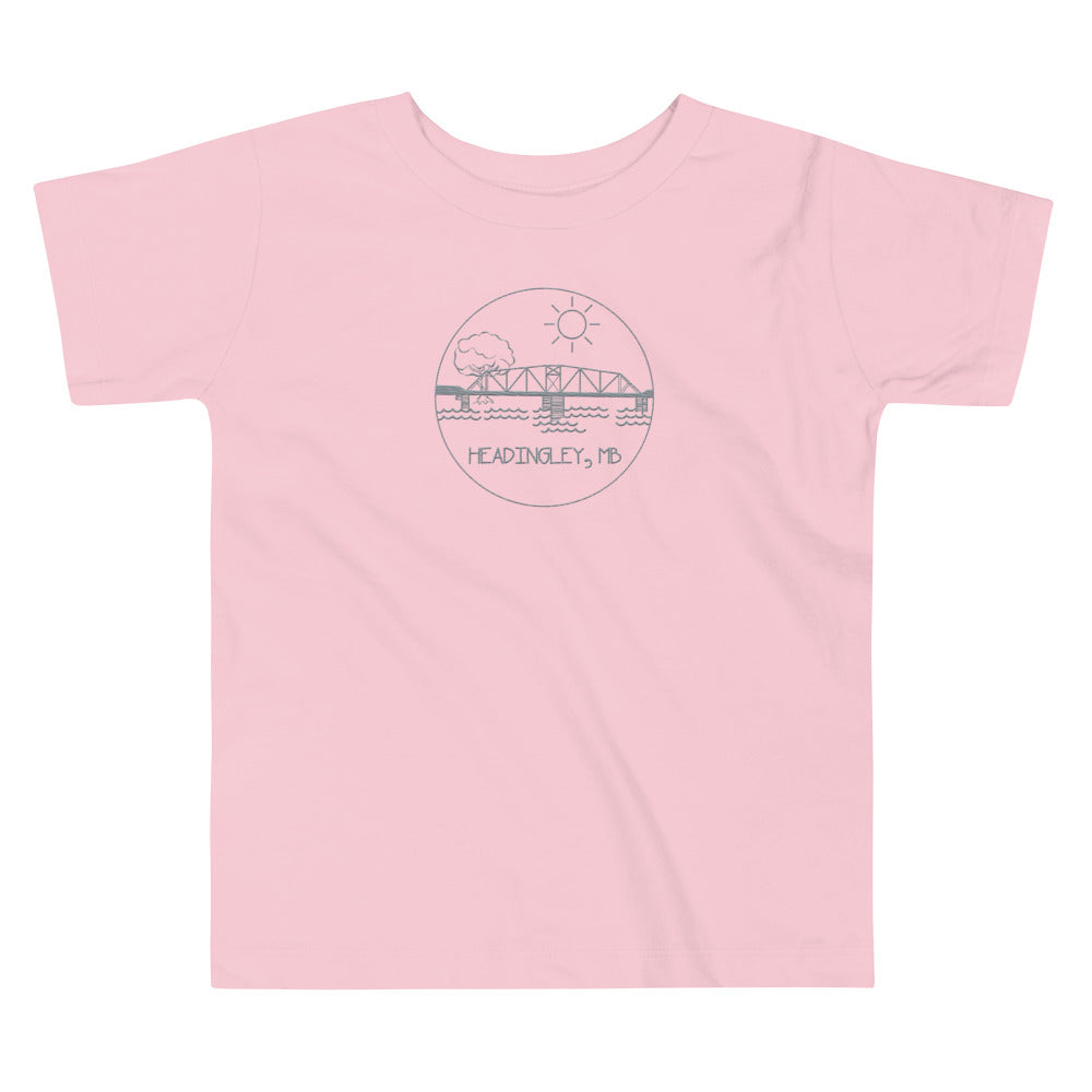 Children's T-Shirt "HEADINGLEY, MB" Embroidered in Storm Grey on Classic White, Blue or Pink
