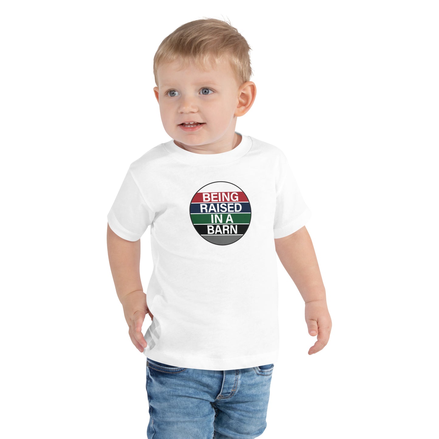 Children's T-Shirt "BEING RAISED IN A BARN" in Classic White or Basic Black