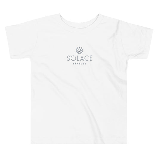 Children's T-Shirt "SOLACE STABLES" Embroidered in Storm Grey on Classic White, Blue or Pink