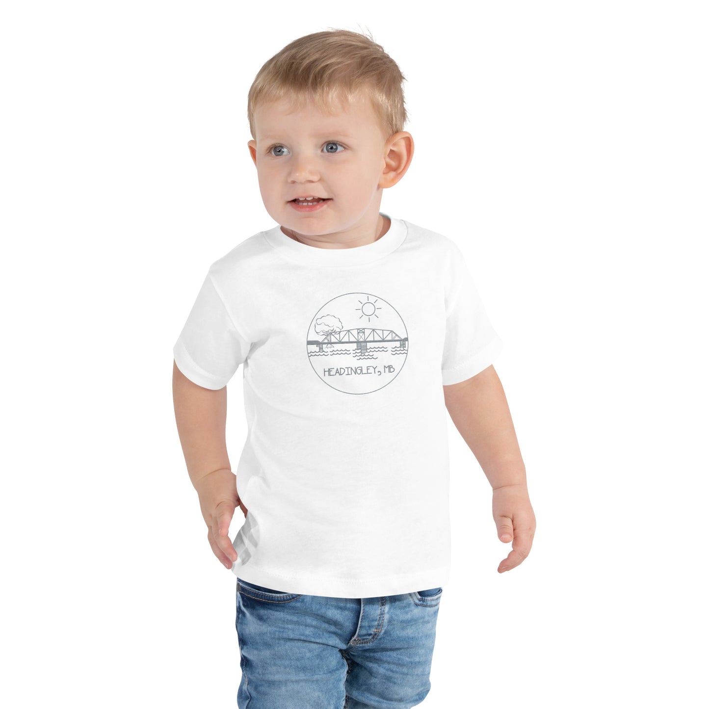Children's T-Shirt "HEADINGLEY, MB" Embroidered in Storm Grey on Classic White, Blue or Pink