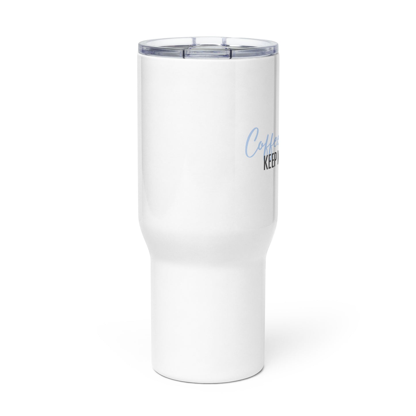 Travel Mug "COFFEE & DOGS KEEP ME RUNNING" in Storm Grey &Blue Bubblegum on Classic White