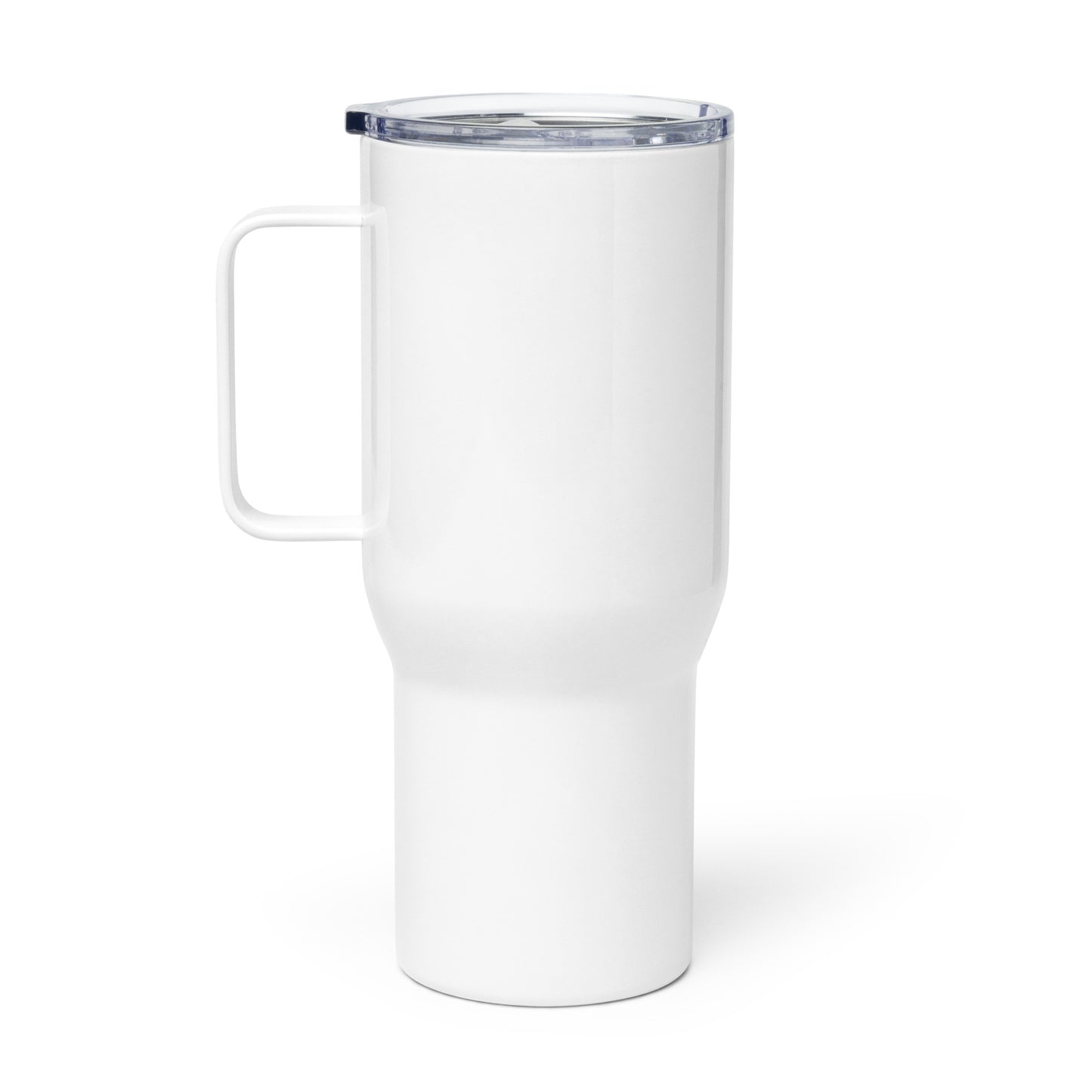 Travel Mug "COFFEE & DOGS KEEP ME RUNNING" in Storm Grey &Blue Bubblegum on Classic White