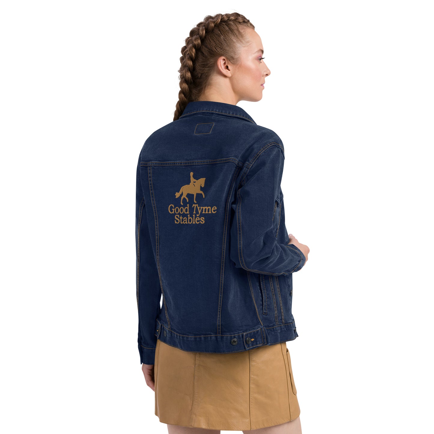 Adult Jacket "GOOD TYME STABLES" Embroidered in Old Gold on Blue Denim