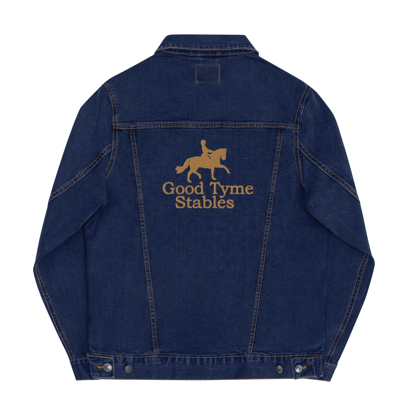 Adult Jacket "GOOD TYME STABLES" Embroidered in Old Gold on Blue Denim