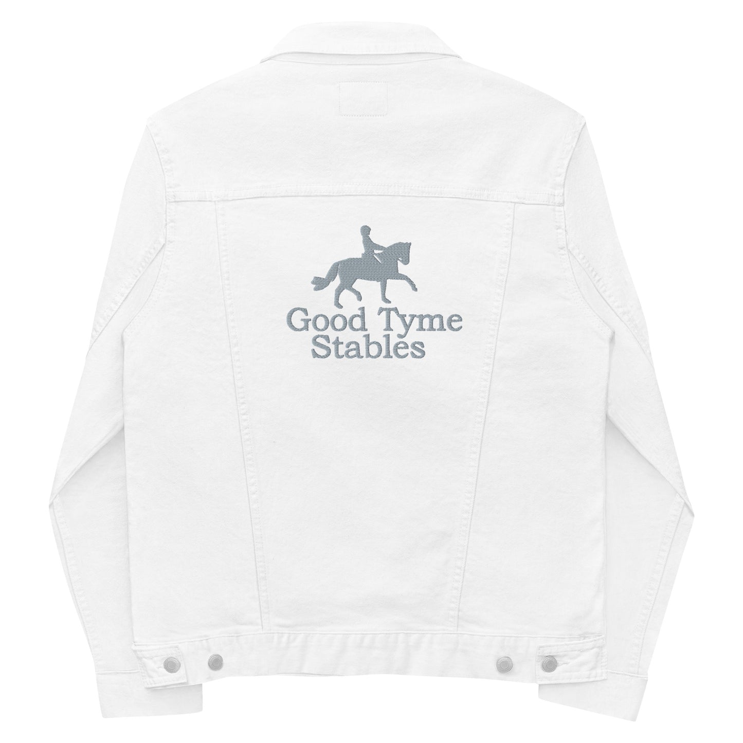 Adult Jacket "GOOD TYME STABLES" Embroidered in Light Grey on White Denim
