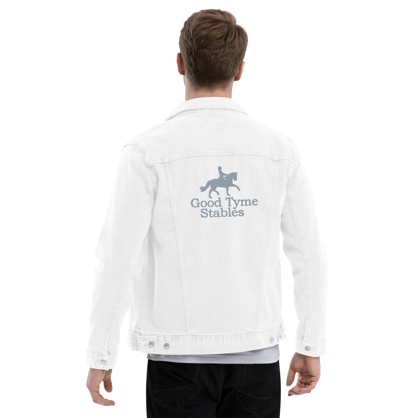 Adult Jacket "GOOD TYME STABLES" Embroidered in Light Grey on White Denim