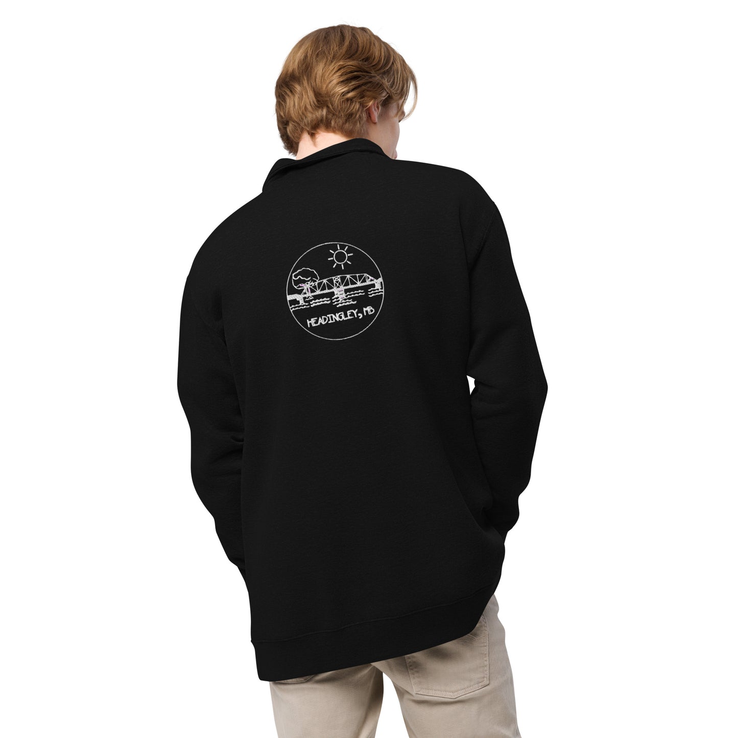 Adult Fleece Pullover "HEADINGLEY, MB" Embroidered Back in Classic White on Basic Black