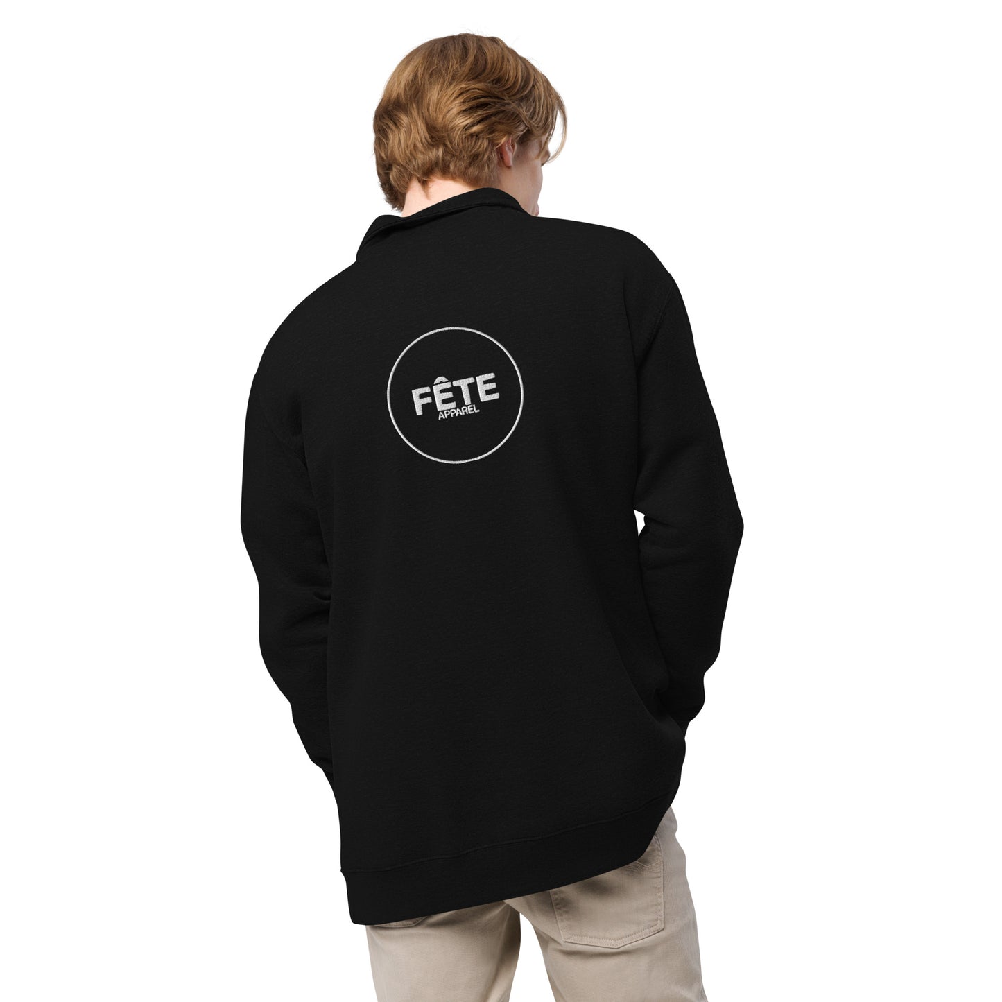 Adult Fleece Pullover "FÊTE" Logo Embroidered Back in Classic White on Basic Black