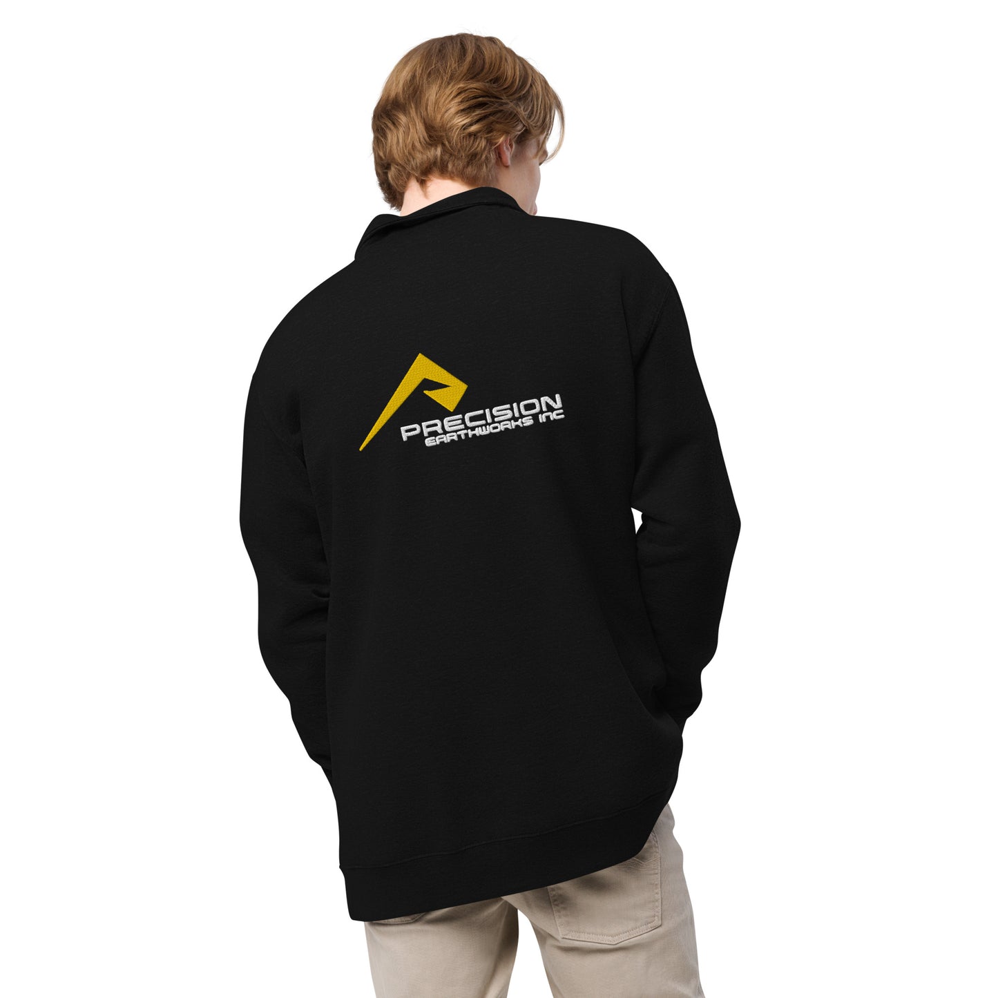 Adult Fleece Pullover "PRECISION EARTHWORKS INC" Embroidered Back in Classic White & Gold on Basic Black