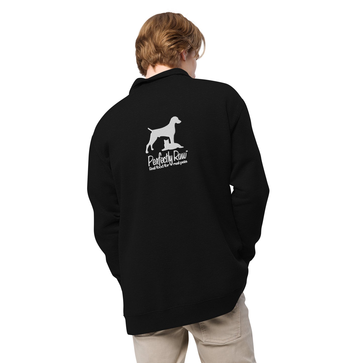 Adult Fleece Pullover "PERFECTLY RAW" Embroidered Back in Classic White on Basic Black
