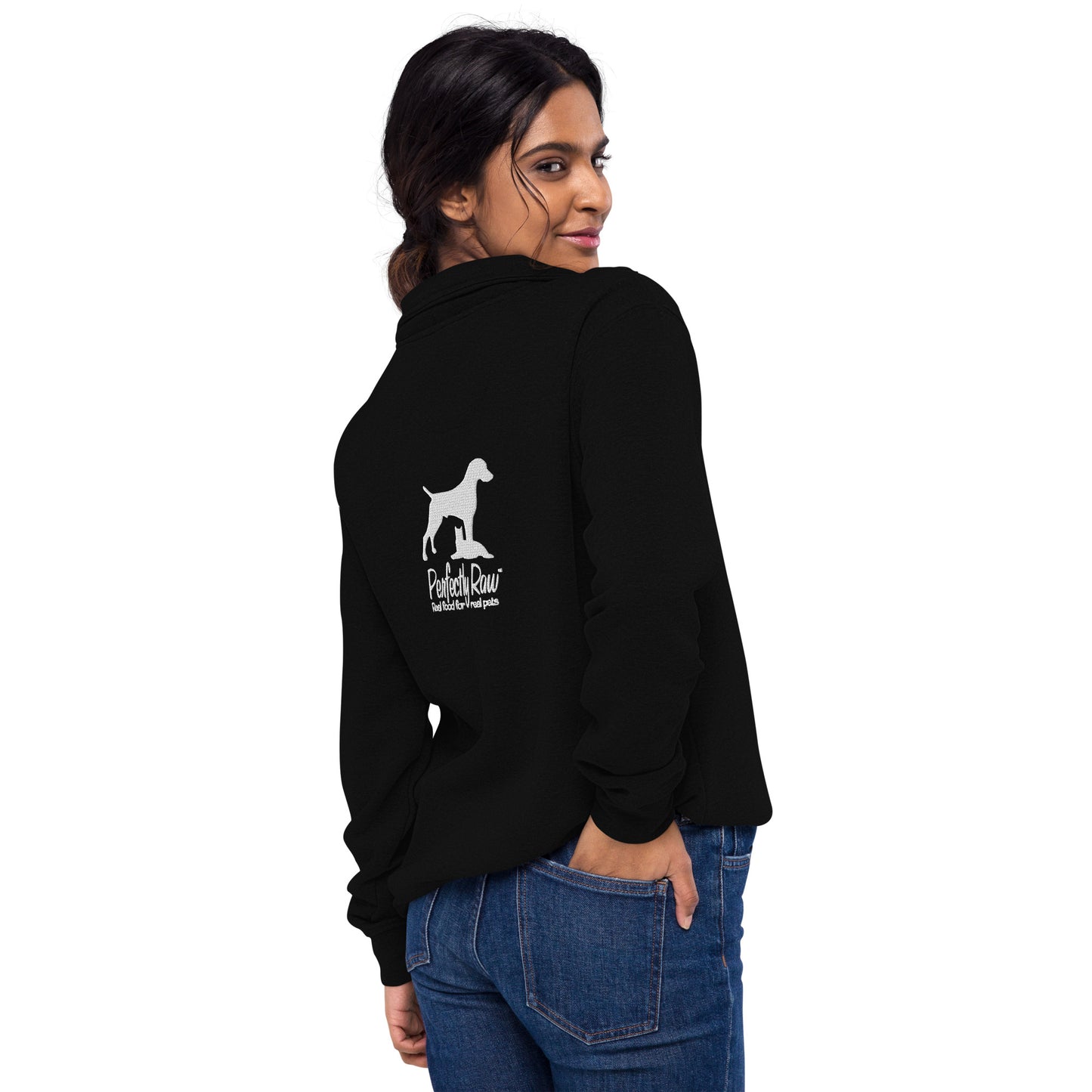 Adult Fleece Pullover "PERFECTLY RAW" Embroidered Back in Classic White on Basic Black