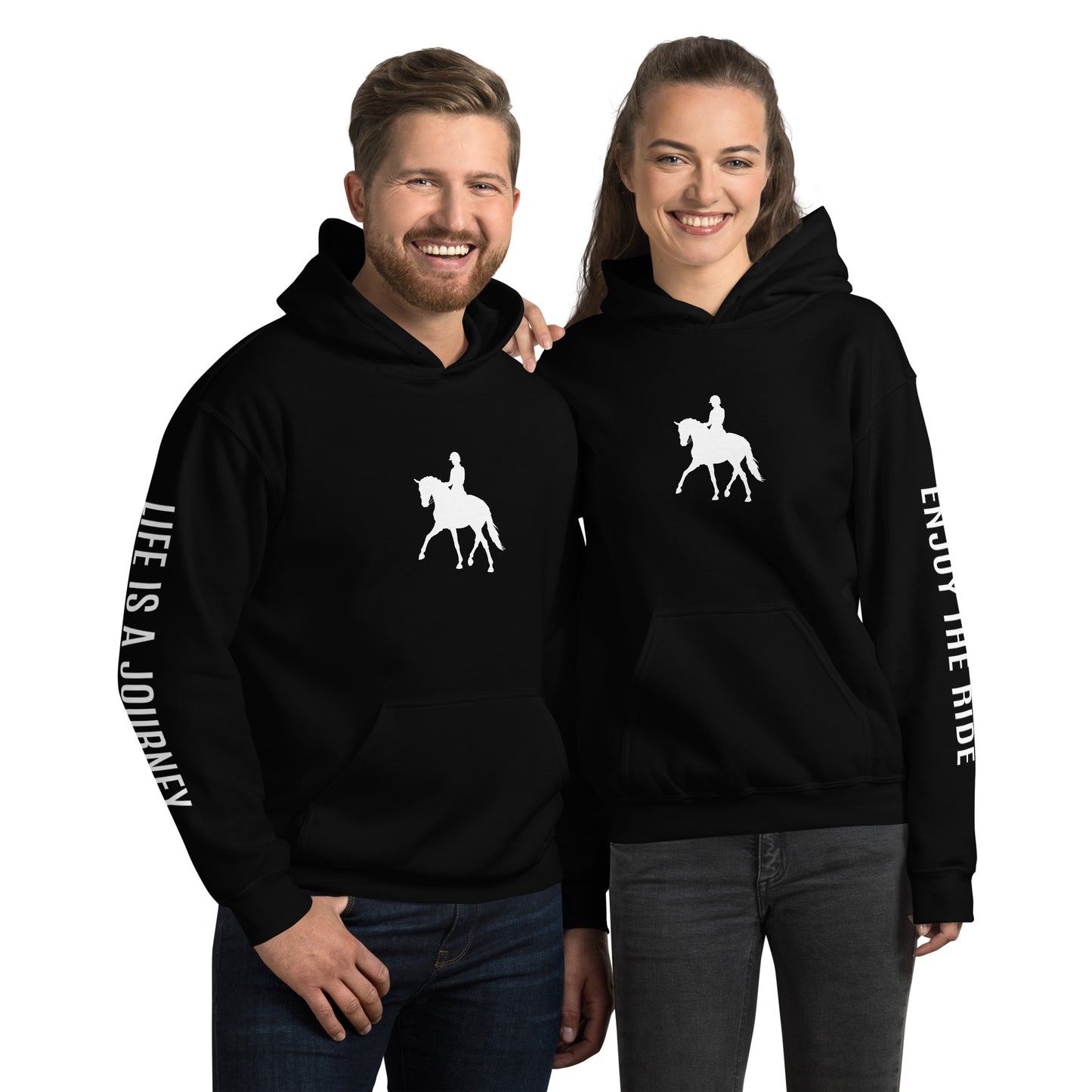 Adult Traditional Hoodie "LIFE IS A JOURNEY" Equestrian in Classic White on Basic Black, French Navy or Storm Grey