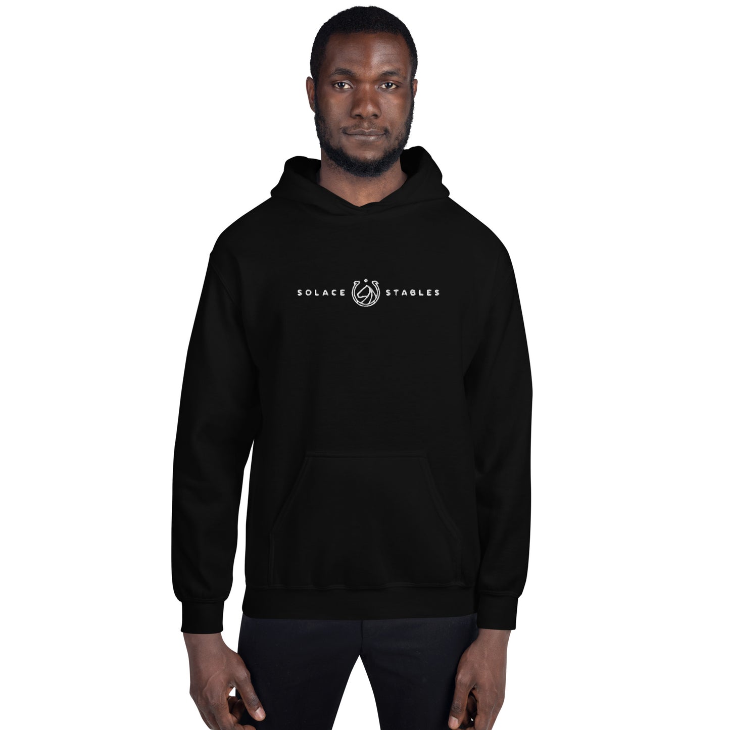 Adult Traditional Hoodie "SOLACE STABLES" Embroidered in Classic White on Basic Black or French Navy
