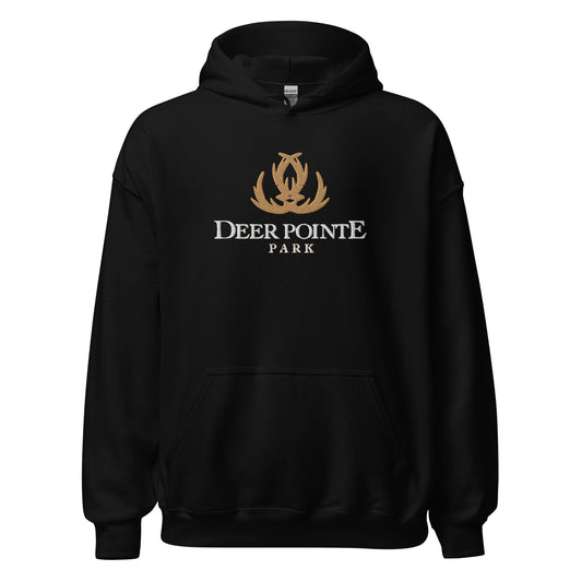 Adult Traditional Hoodie "DEER POINTE PARK" Embroidered in Basic Black & Old Gold on Classic White