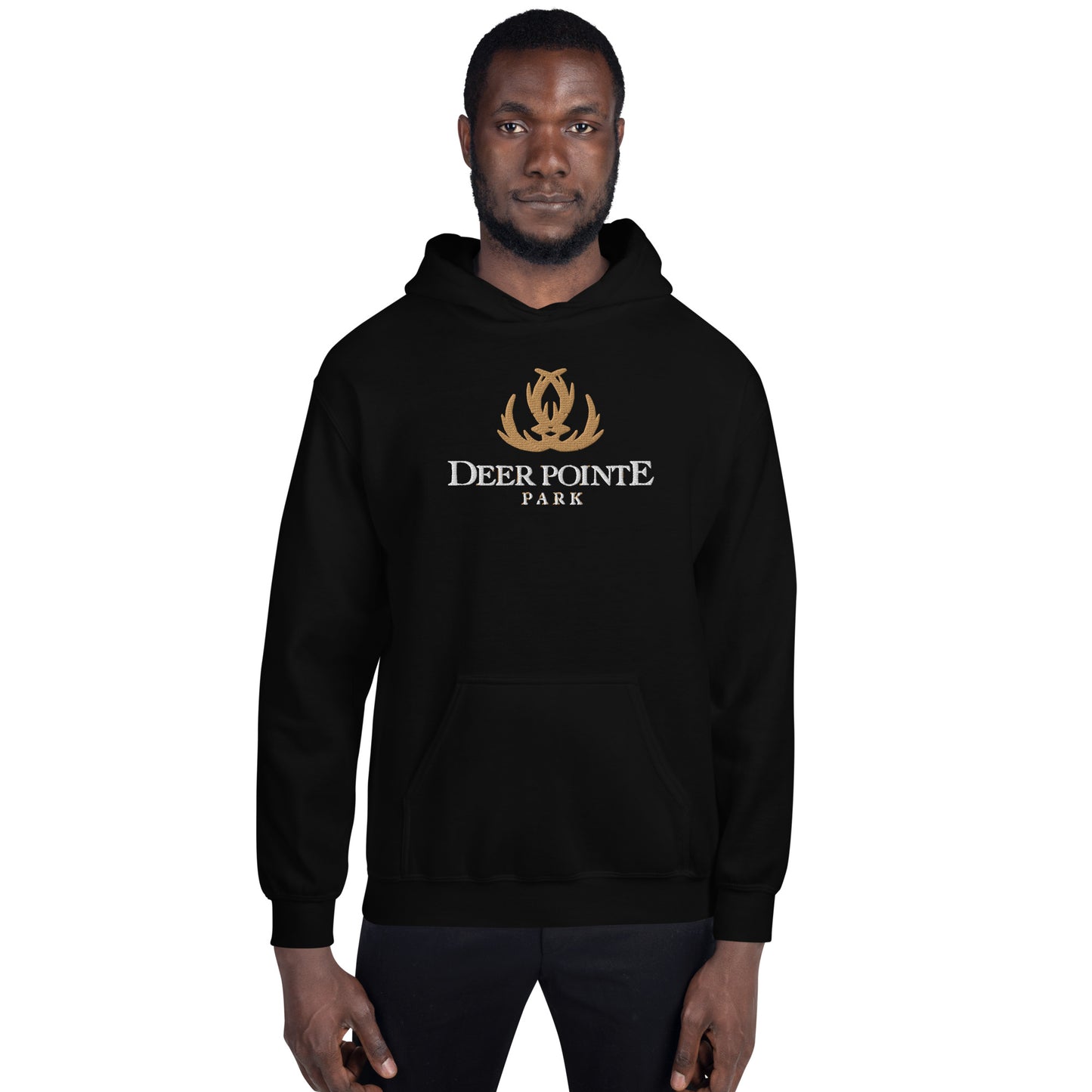 Adult Traditional Hoodie "DEER POINTE PARK" Embroidered in Basic Black & Old Gold on Classic White