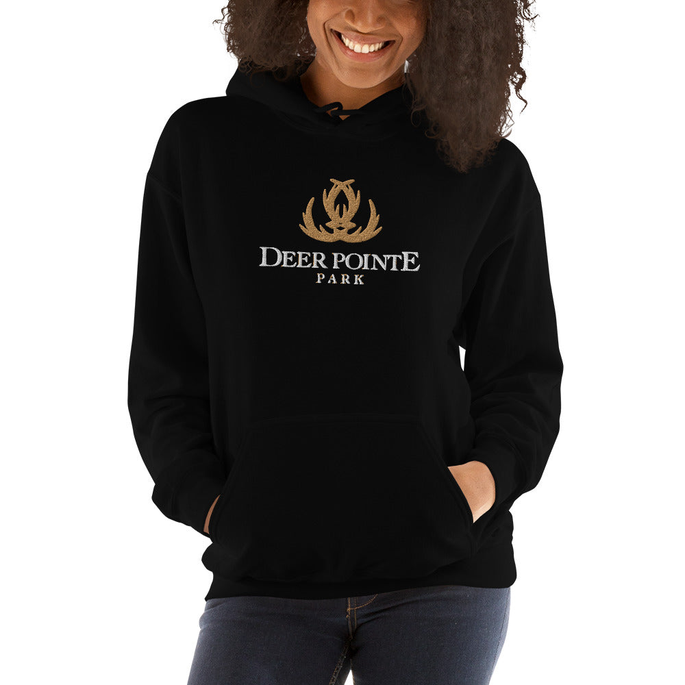 Adult Traditional Hoodie "DEER POINTE PARK" Embroidered in Basic Black & Old Gold on Classic White