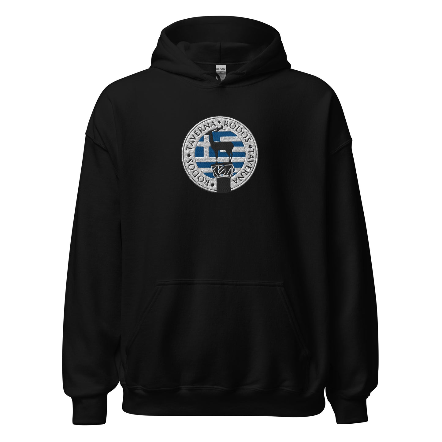 Adult Traditional Hoodie "TAVERNA RODOS" Embroidered in Basic Black, Classic White & Royal Blue on Basic Black or Classic White