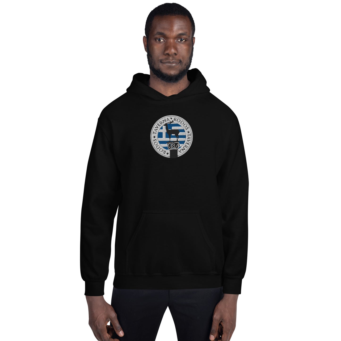 Adult Traditional Hoodie "TAVERNA RODOS" Embroidered in Basic Black, Classic White & Royal Blue on Basic Black or Classic White