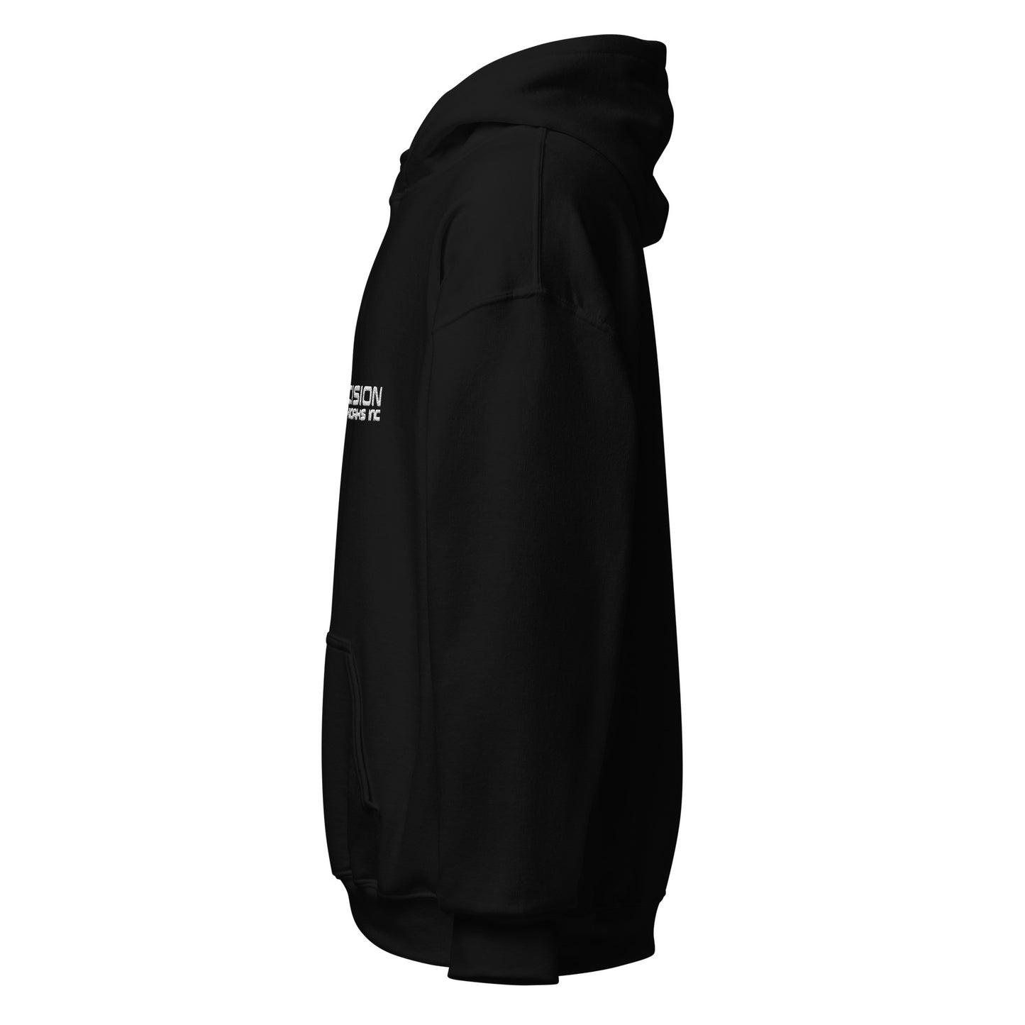 Adult Traditional Hoodie "PRECISION EARTHWORKS INC" Embroidered in Classic White & Gold on Basic Black