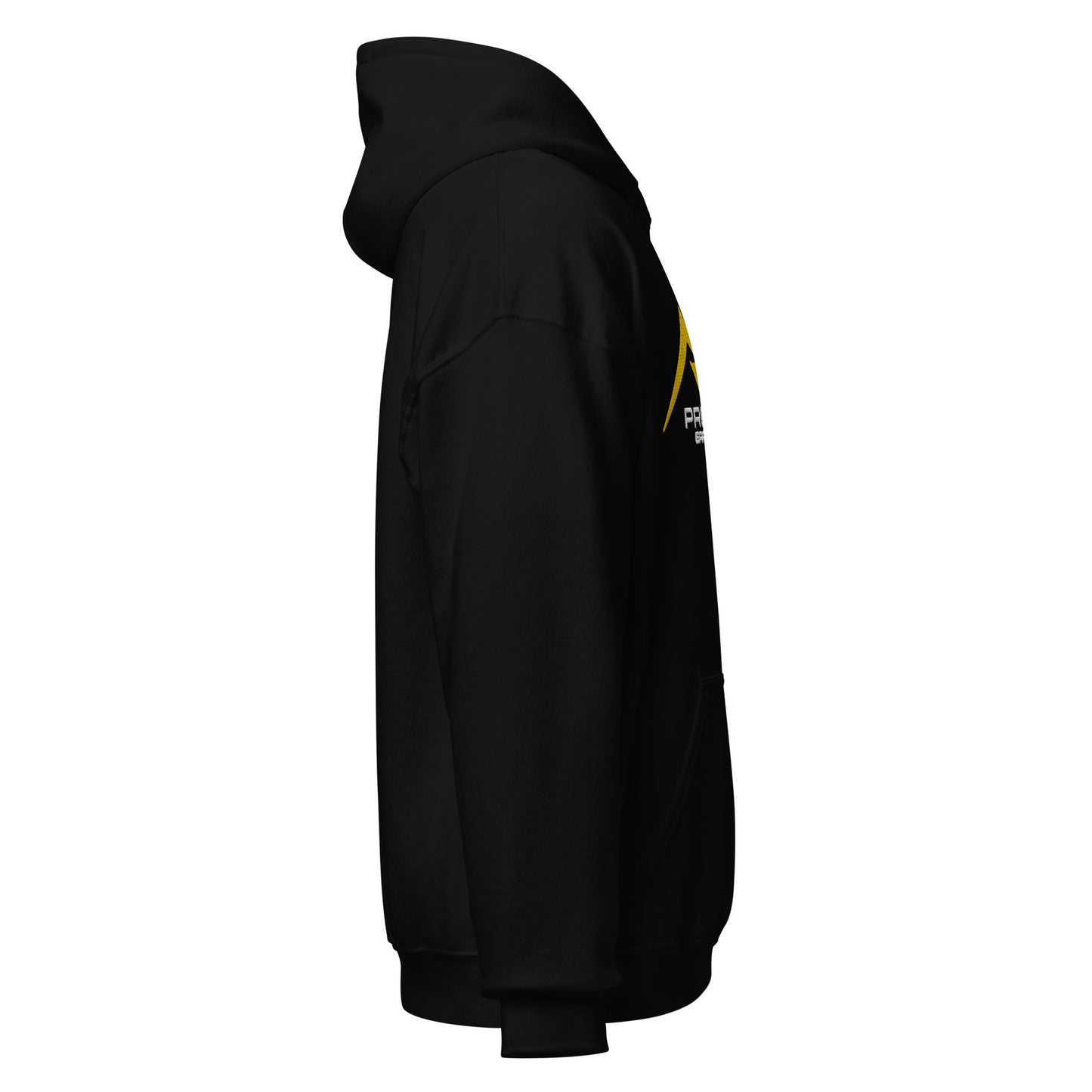 Adult Traditional Hoodie "PRECISION EARTHWORKS INC" Embroidered in Classic White & Gold on Basic Black