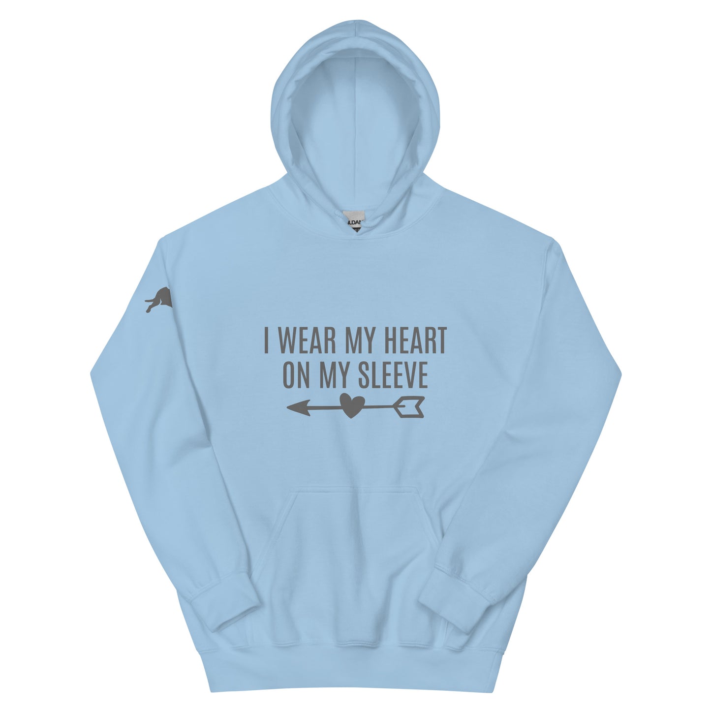 Adult Traditional Hoodie "I WEAR MY HEART ON MY SLEEVE" Dog in Storm Grey on Classic White, Light Blue or Light Pink