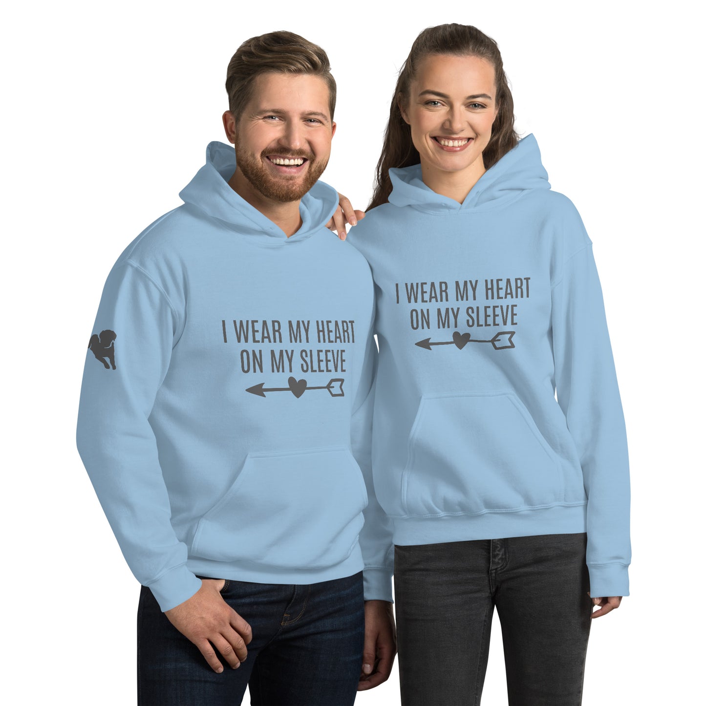 Adult Traditional Hoodie "I WEAR MY HEART ON MY SLEEVE" Dog in Storm Grey on Classic White, Light Blue or Light Pink