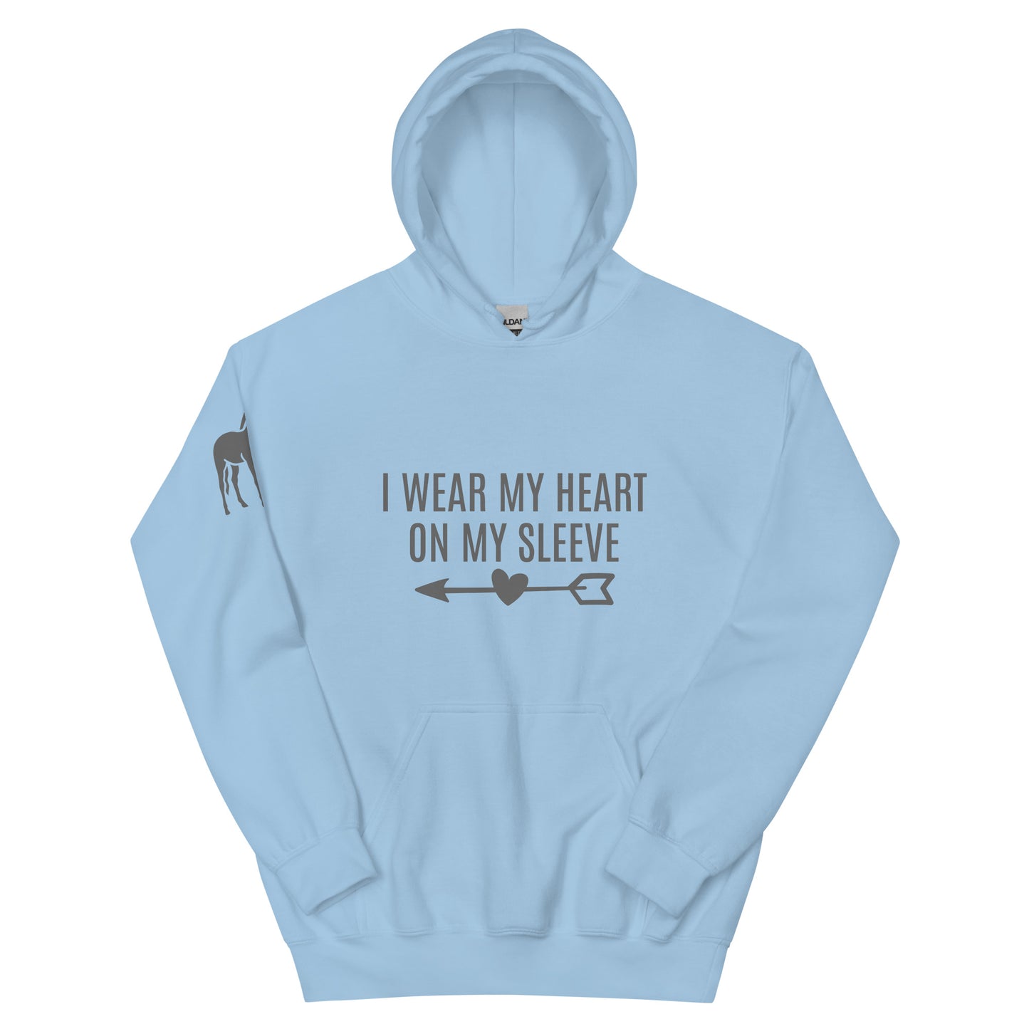 Adult Traditional Hoodie "I WEAR MY HEART ON MY SLEEVE" Horse in Storm Grey on Classic White, Light Blue or Light Pink