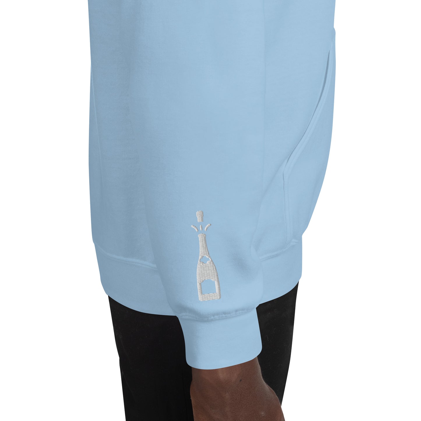 Adult Traditional Hoodie "NO 'PAGNE NO GAIN" Embroidered in Storm Grey & Classic White on Light Blue or Light Pink