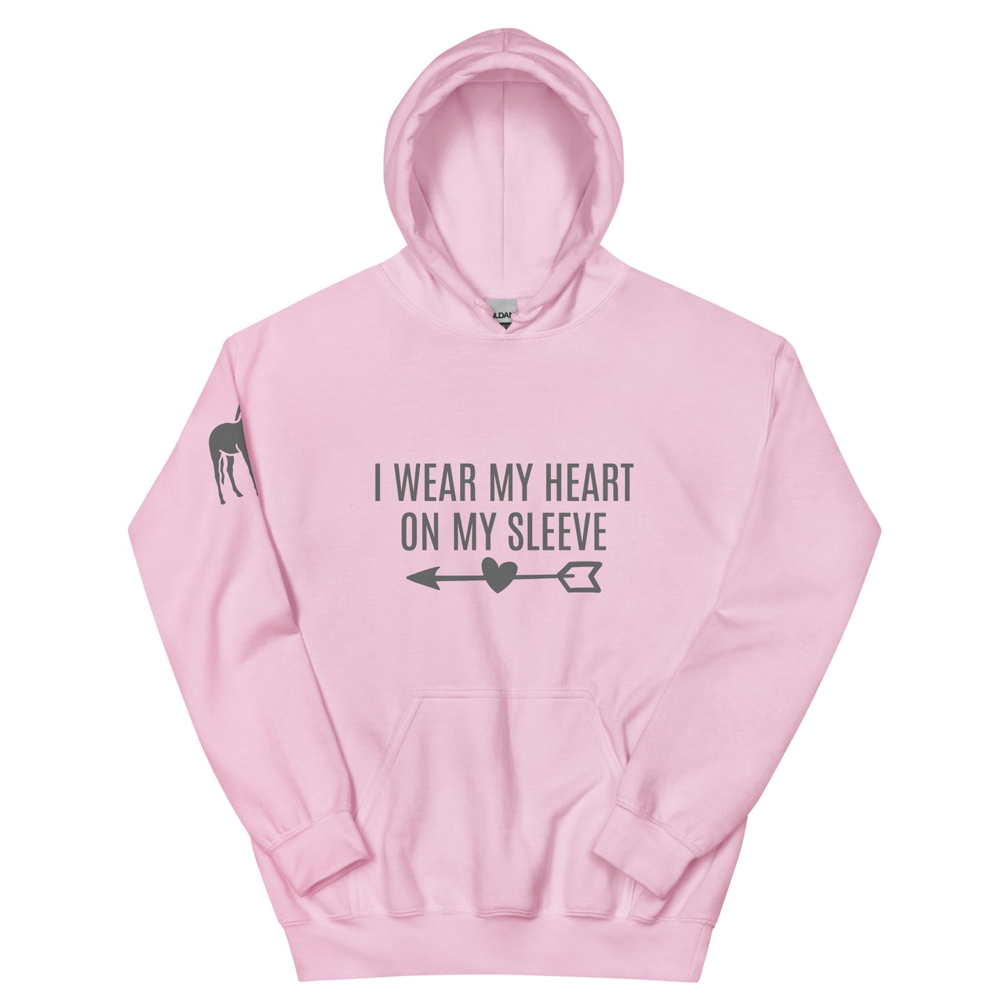 Adult Traditional Hoodie "I WEAR MY HEART ON MY SLEEVE" Horse in Storm Grey on Classic White, Light Blue or Light Pink