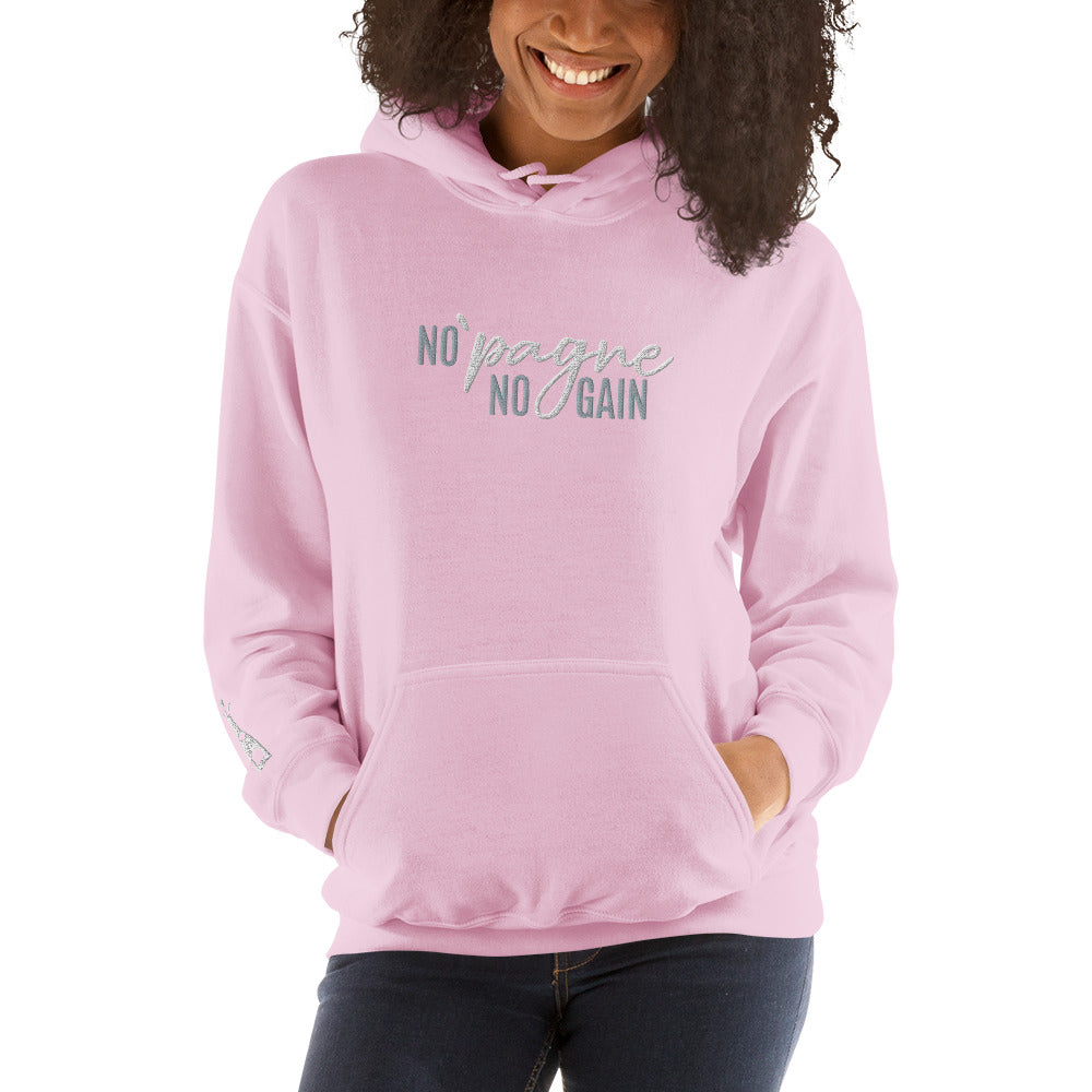 Adult Traditional Hoodie "NO 'PAGNE NO GAIN" Embroidered in Storm Grey & Classic White on Light Blue or Light Pink