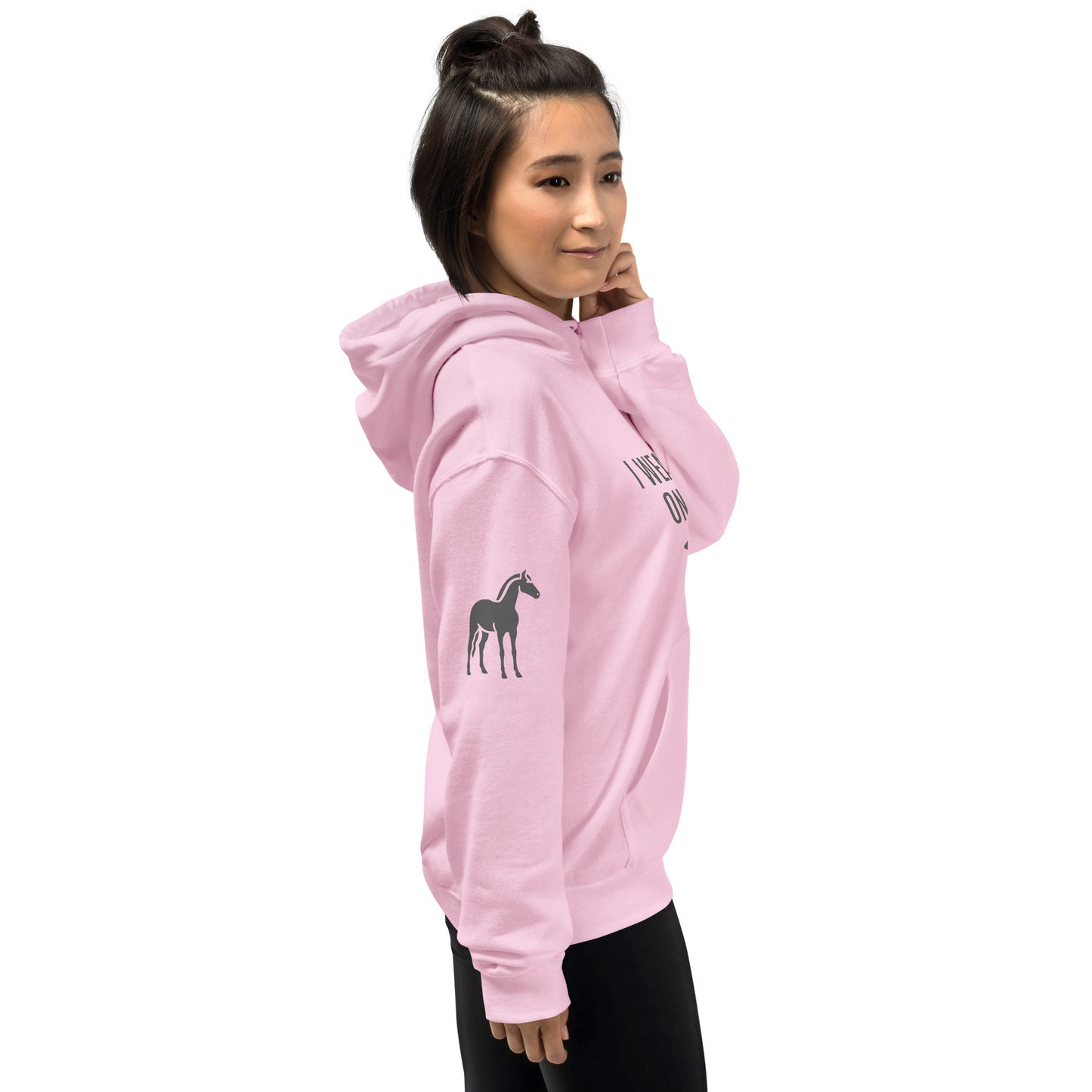 Adult Traditional Hoodie "I WEAR MY HEART ON MY SLEEVE" Horse in Storm Grey on Classic White, Light Blue or Light Pink