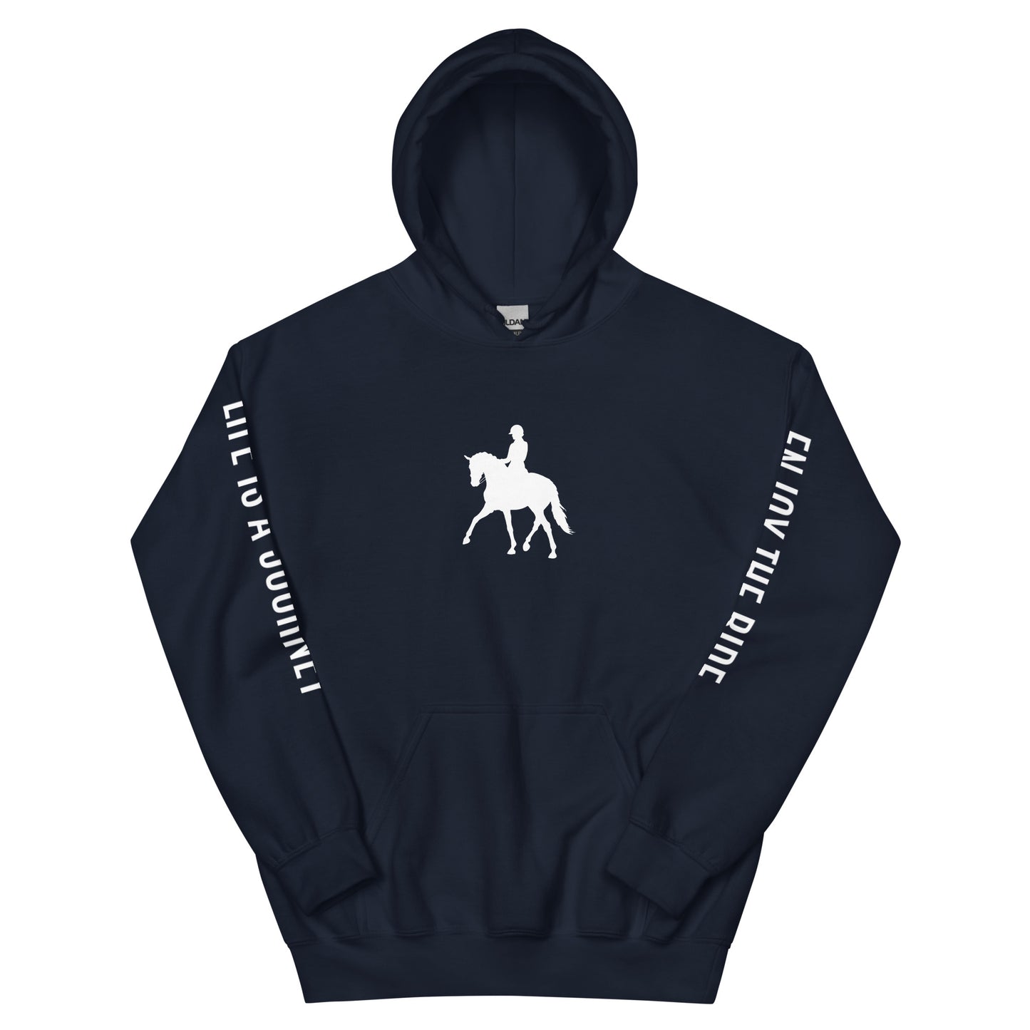 Adult Traditional Hoodie "LIFE IS A JOURNEY" Equestrian in Classic White on Basic Black, French Navy or Storm Grey
