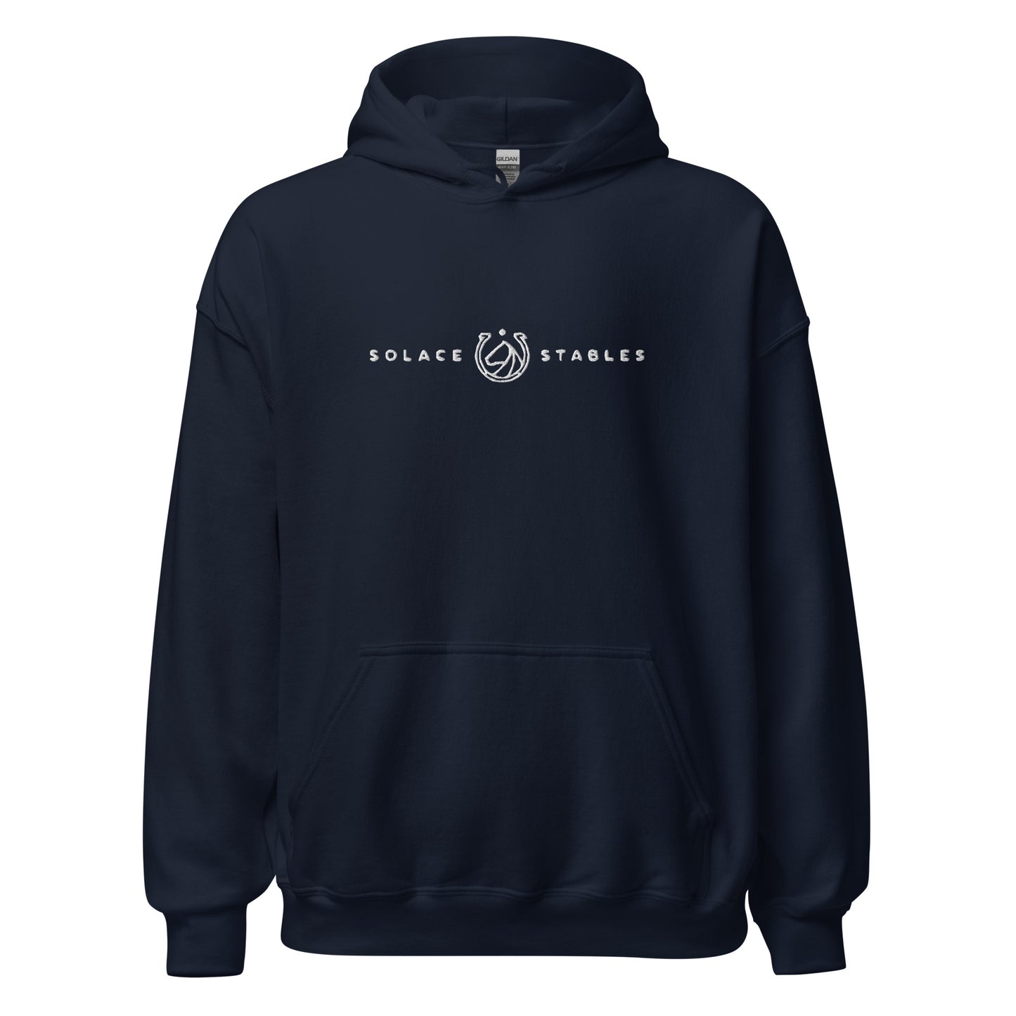Adult Traditional Hoodie "SOLACE STABLES" Embroidered in Classic White on Basic Black or French Navy