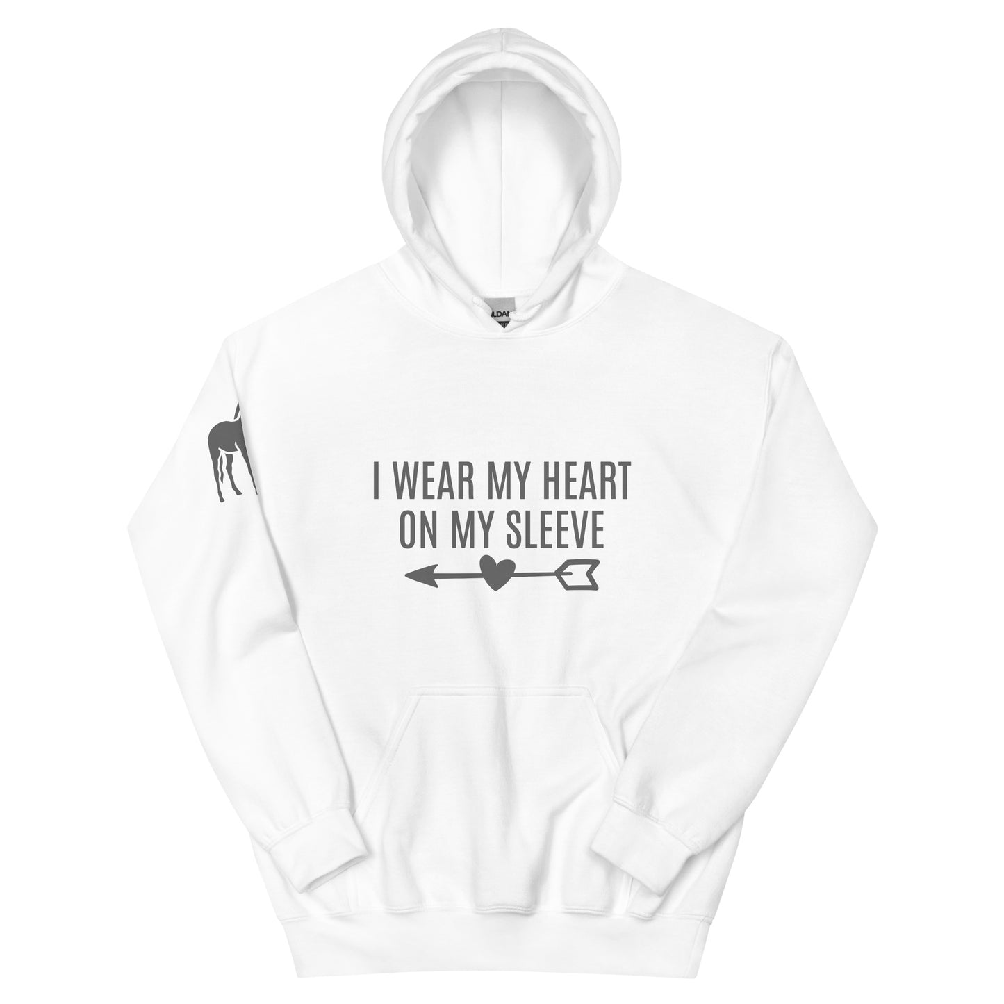 Adult Traditional Hoodie "I WEAR MY HEART ON MY SLEEVE" Horse in Storm Grey on Classic White, Light Blue or Light Pink