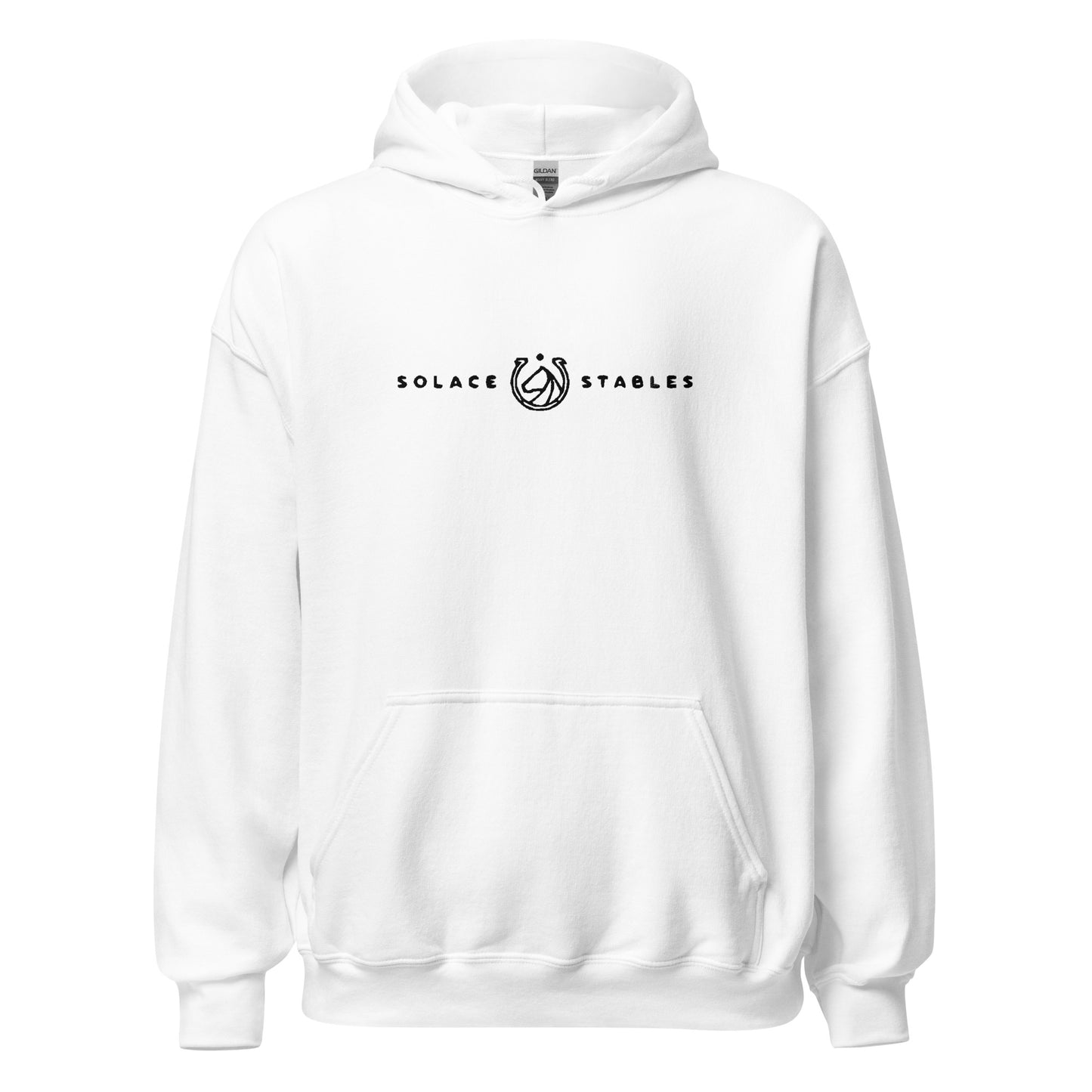 Adult Traditional Hoodie "SOLACE STABLES" Embroidered in Basic Black on Classic White Version 2