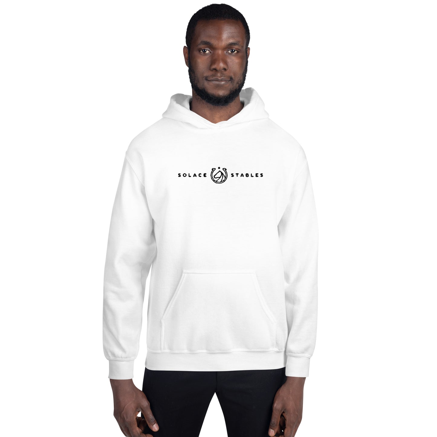 Adult Traditional Hoodie "SOLACE STABLES" Embroidered in Basic Black on Classic White Version 2