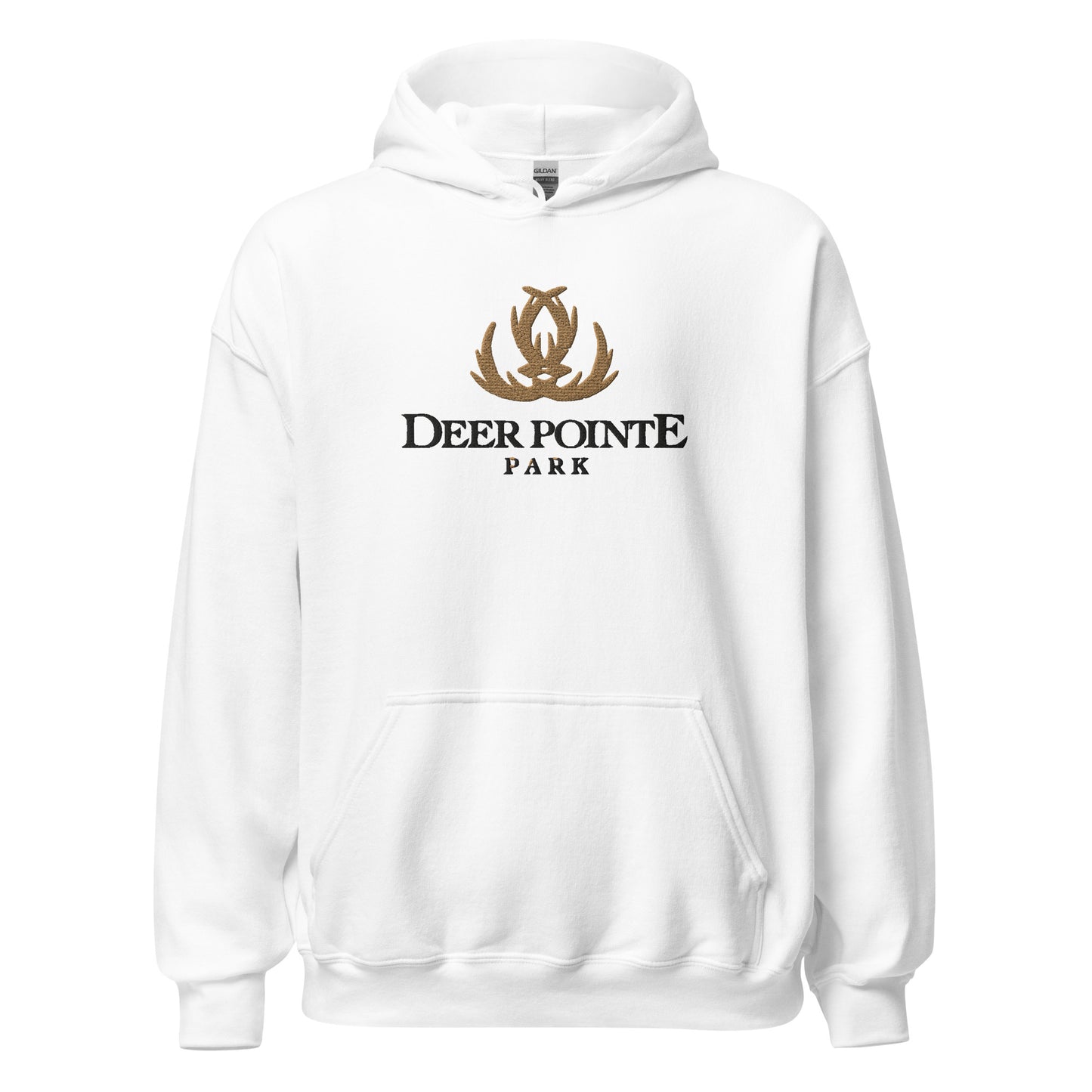 Adult Traditional Hoodie "DEER POINTE PARK" Embroidered in Basic Black & Old Gold on Classic White