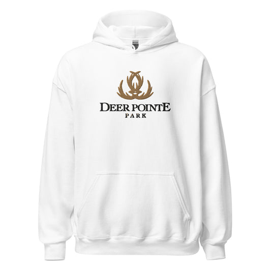 Adult Traditional Hoodie "DEER POINTE PARK" Embroidered in Basic Black & Old Gold on Classic White