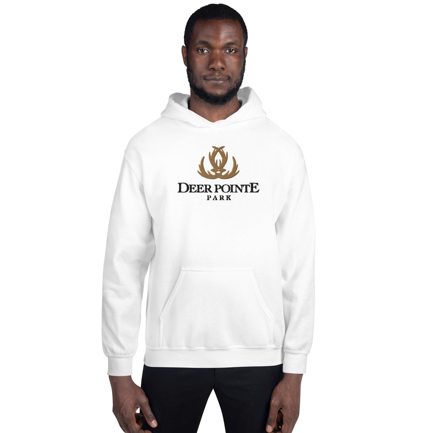 Adult Traditional Hoodie "DEER POINTE PARK" Embroidered in Basic Black & Old Gold on Classic White