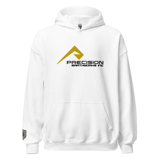 Adult Traditional Hoodie "PRECISION EARTHWORKS INC" Embroidered in Basic Black & Gold on Classic White with Custom Wrist Accent