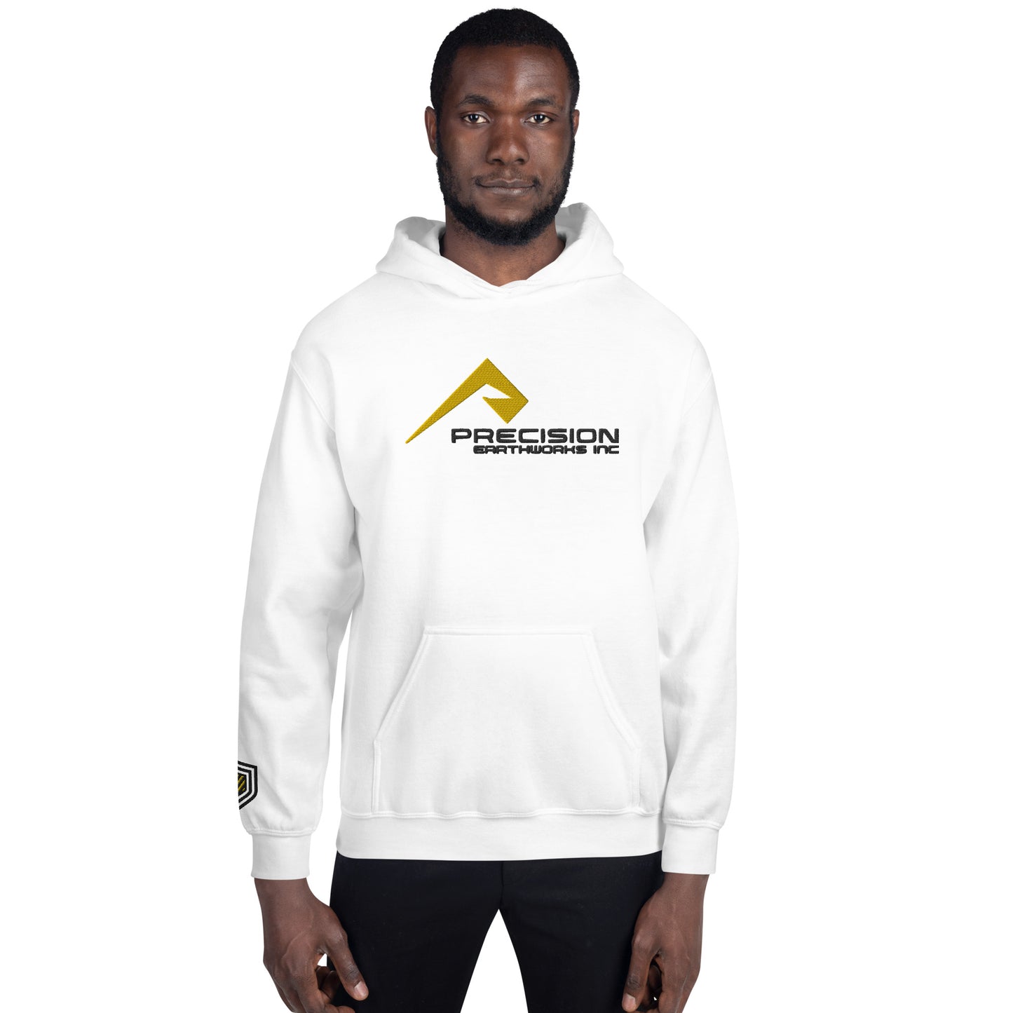 Adult Traditional Hoodie "PRECISION EARTHWORKS INC" Embroidered in Basic Black & Gold on Classic White with Custom Wrist Accent